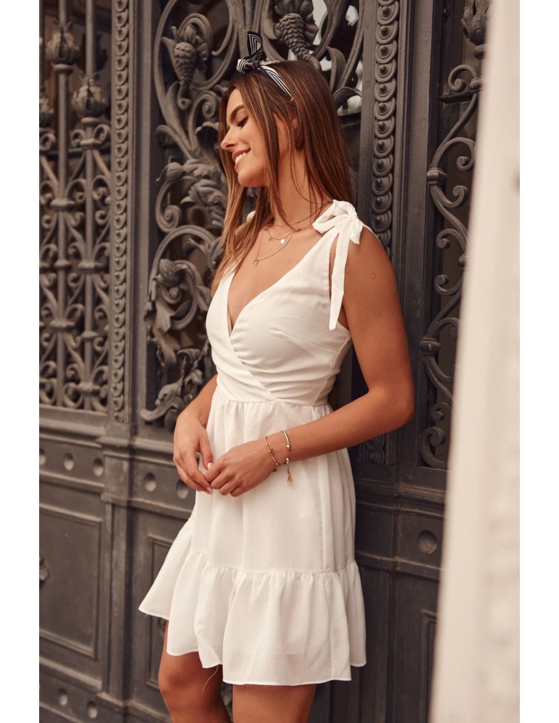 Lovely dress with an envelope neckline, cream PR3196 - Online store - Boutique